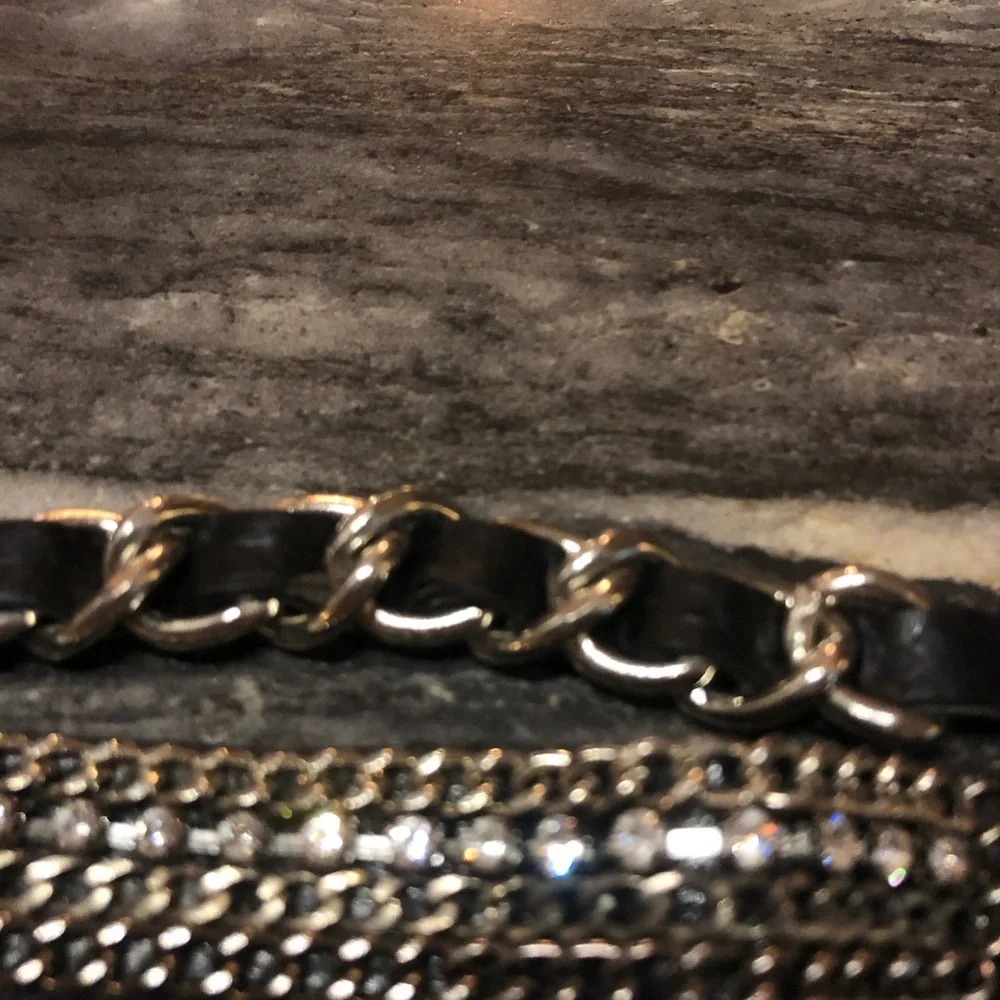 Yik Fung Bracelet Leather Strap Link Chain with Crystal Inserts Leatherpunk